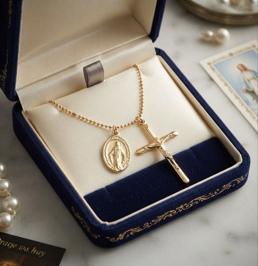 ✝️ Collier Croix & Médaille Miraculeuse.  Coffret 🎁 inclus